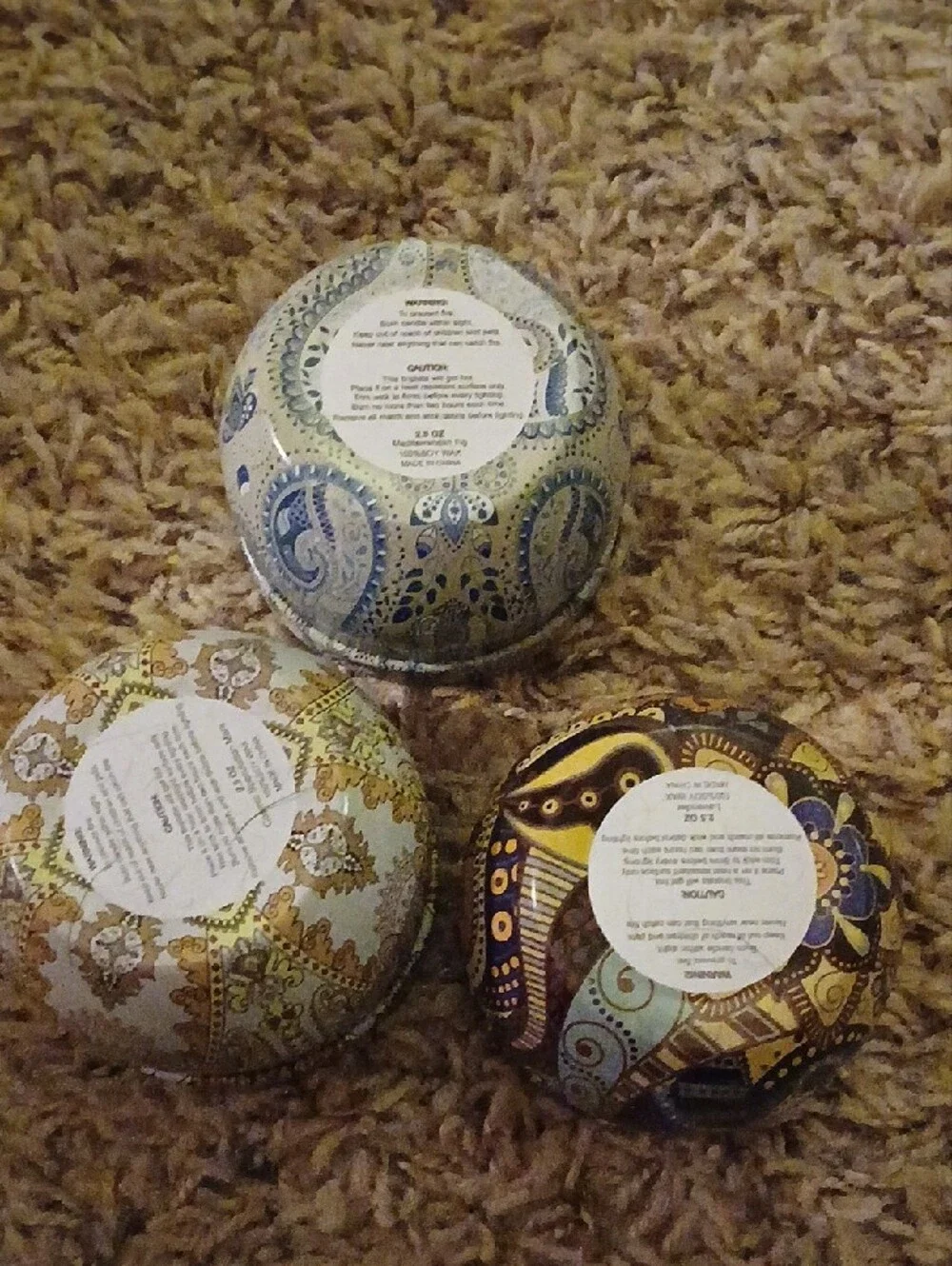Set of 3 Decorative Round Trinket Boxes - Patterned Multicolor Candle Tins
